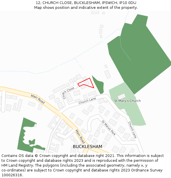 12, CHURCH CLOSE, BUCKLESHAM, IPSWICH, IP10 0DU: Location map and indicative extent of plot