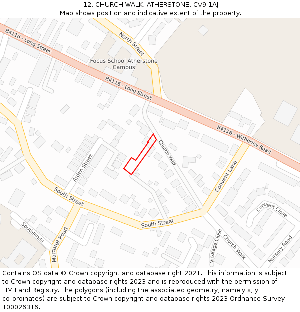 12, CHURCH WALK, ATHERSTONE, CV9 1AJ: Location map and indicative extent of plot