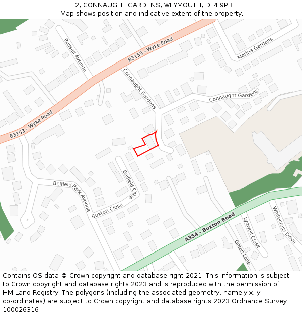 12, CONNAUGHT GARDENS, WEYMOUTH, DT4 9PB: Location map and indicative extent of plot