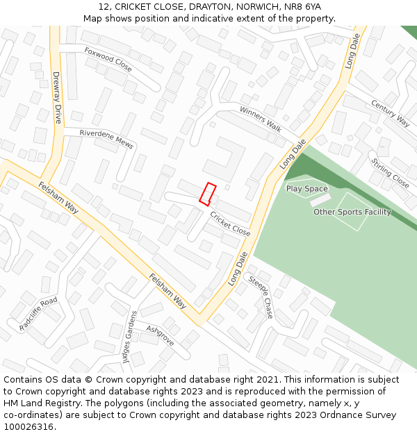 12, CRICKET CLOSE, DRAYTON, NORWICH, NR8 6YA: Location map and indicative extent of plot