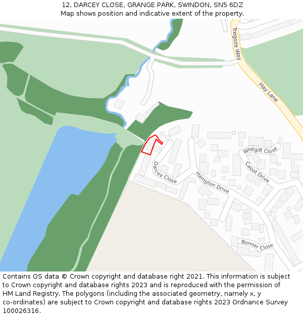 12, DARCEY CLOSE, GRANGE PARK, SWINDON, SN5 6DZ: Location map and indicative extent of plot