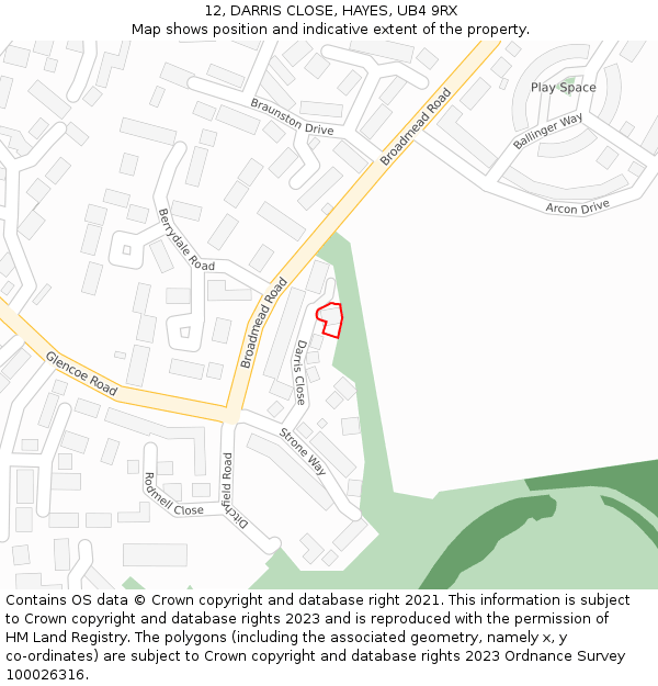 12, DARRIS CLOSE, HAYES, UB4 9RX: Location map and indicative extent of plot