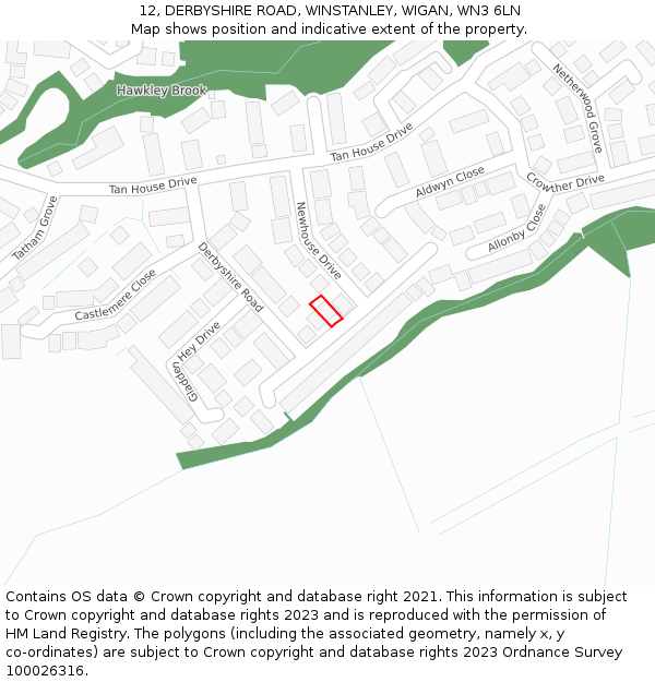 12, DERBYSHIRE ROAD, WINSTANLEY, WIGAN, WN3 6LN: Location map and indicative extent of plot