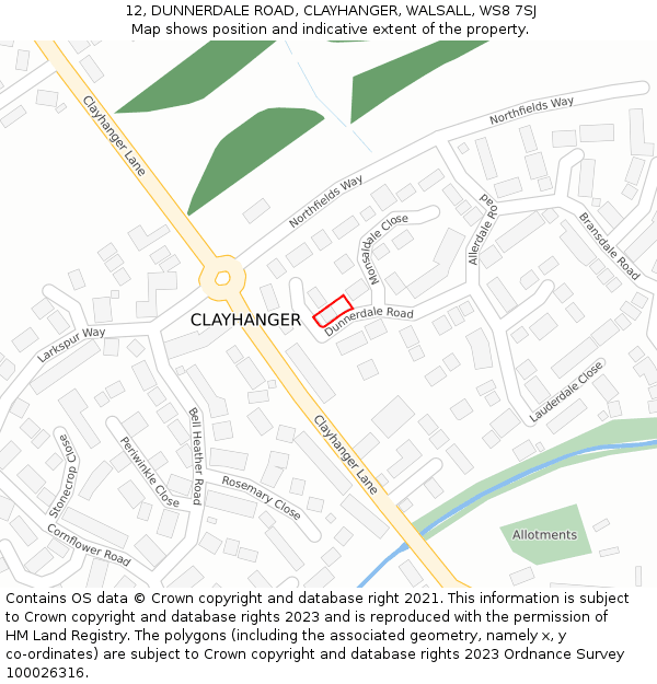 12, DUNNERDALE ROAD, CLAYHANGER, WALSALL, WS8 7SJ: Location map and indicative extent of plot