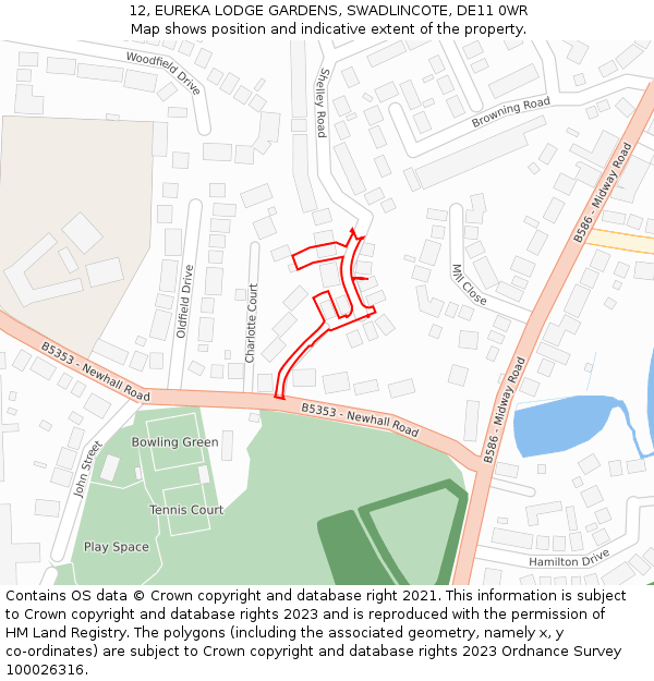 12, EUREKA LODGE GARDENS, SWADLINCOTE, DE11 0WR: Location map and indicative extent of plot