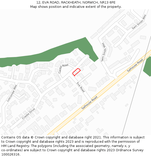 12, EVA ROAD, RACKHEATH, NORWICH, NR13 6PE: Location map and indicative extent of plot