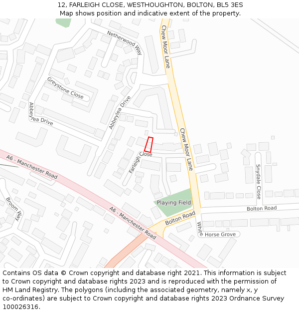 12, FARLEIGH CLOSE, WESTHOUGHTON, BOLTON, BL5 3ES: Location map and indicative extent of plot