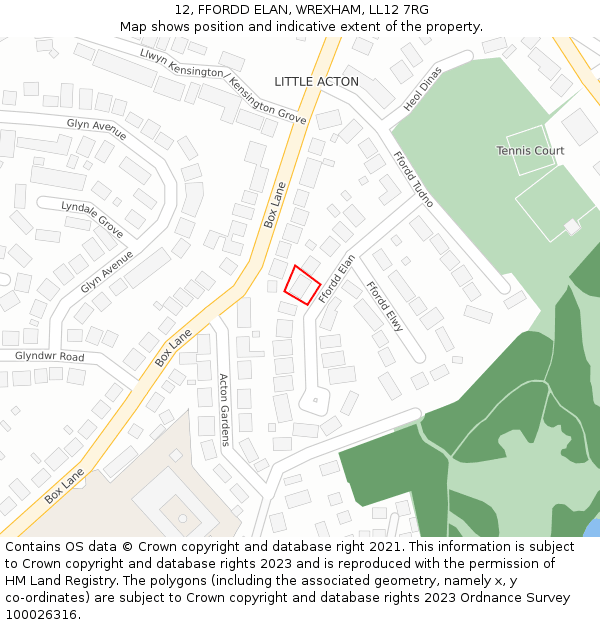 12, FFORDD ELAN, WREXHAM, LL12 7RG: Location map and indicative extent of plot