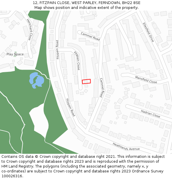 12, FITZPAIN CLOSE, WEST PARLEY, FERNDOWN, BH22 8SE: Location map and indicative extent of plot