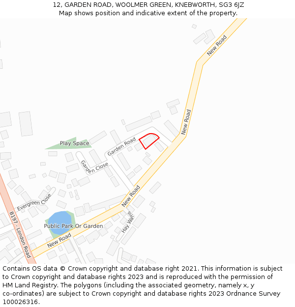 12, GARDEN ROAD, WOOLMER GREEN, KNEBWORTH, SG3 6JZ: Location map and indicative extent of plot