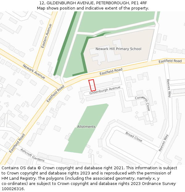 12, GILDENBURGH AVENUE, PETERBOROUGH, PE1 4RF: Location map and indicative extent of plot