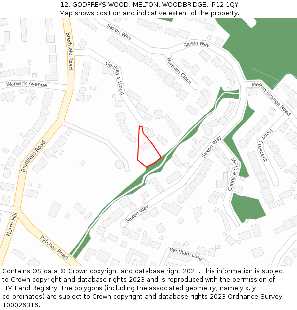 12, GODFREYS WOOD, MELTON, WOODBRIDGE, IP12 1QY: Location map and indicative extent of plot