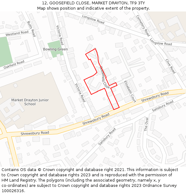 12, GOOSEFIELD CLOSE, MARKET DRAYTON, TF9 3TY: Location map and indicative extent of plot