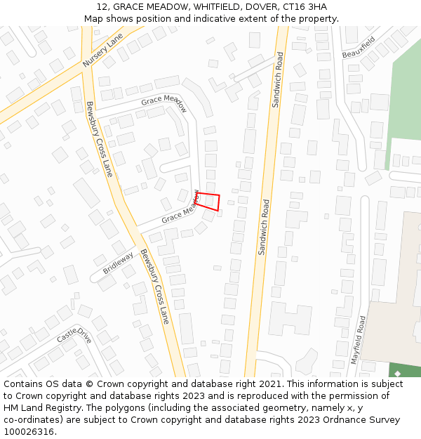 12, GRACE MEADOW, WHITFIELD, DOVER, CT16 3HA: Location map and indicative extent of plot