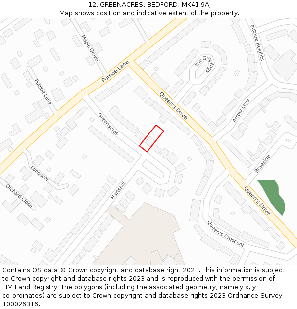 12, GREENACRES, BEDFORD, MK41 9AJ: Location map and indicative extent of plot