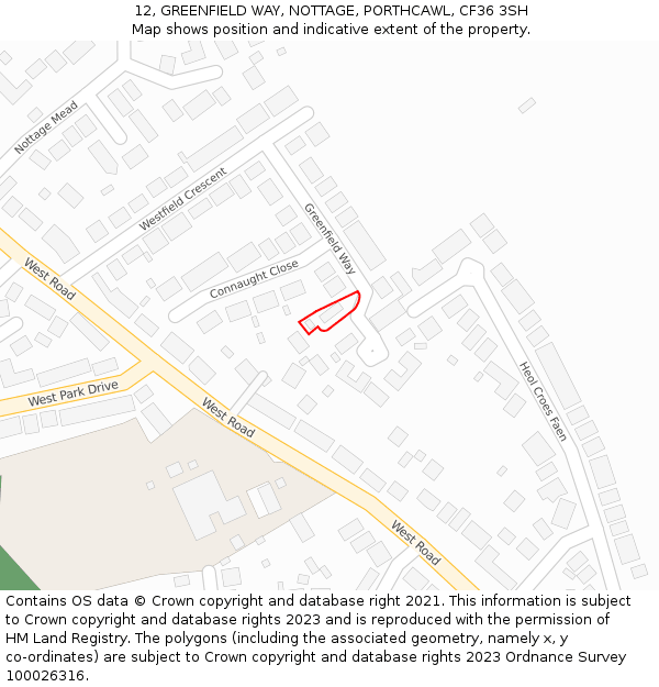 12, GREENFIELD WAY, NOTTAGE, PORTHCAWL, CF36 3SH: Location map and indicative extent of plot