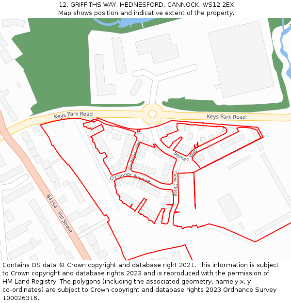 12, GRIFFITHS WAY, HEDNESFORD, CANNOCK, WS12 2EX: Location map and indicative extent of plot