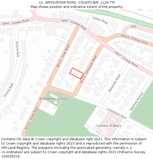 12, GROSVENOR ROAD, COLWYN BAY, LL29 7YF: Location map and indicative extent of plot