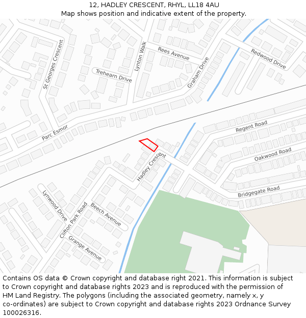 12, HADLEY CRESCENT, RHYL, LL18 4AU: Location map and indicative extent of plot