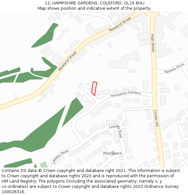 12, HAMPSHIRE GARDENS, COLEFORD, GL16 8HU: Location map and indicative extent of plot