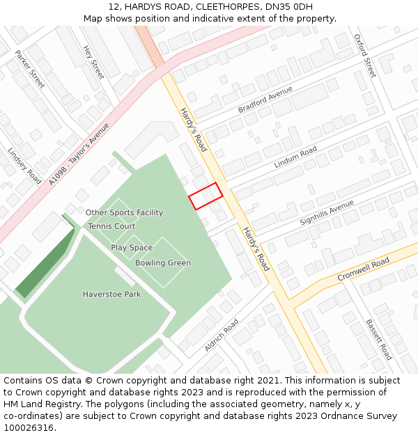 12, HARDYS ROAD, CLEETHORPES, DN35 0DH: Location map and indicative extent of plot