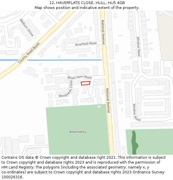 12, HAVERFLATS CLOSE, HULL, HU5 4GB: Location map and indicative extent of plot