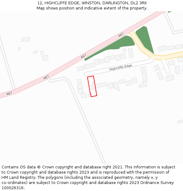 12, HIGHCLIFFE EDGE, WINSTON, DARLINGTON, DL2 3RX: Location map and indicative extent of plot