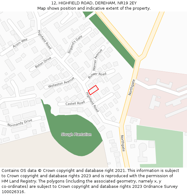 12, HIGHFIELD ROAD, DEREHAM, NR19 2EY: Location map and indicative extent of plot