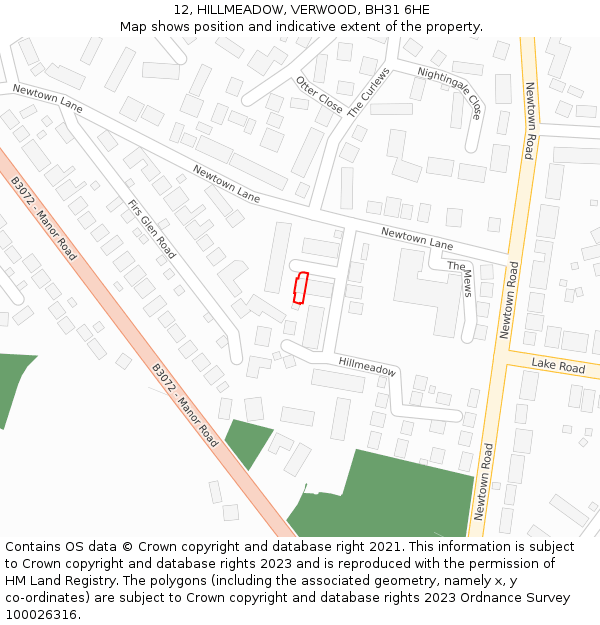 12, HILLMEADOW, VERWOOD, BH31 6HE: Location map and indicative extent of plot