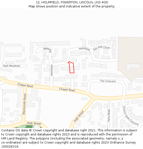 12, HOLMFIELD, FISKERTON, LINCOLN, LN3 4GD: Location map and indicative extent of plot