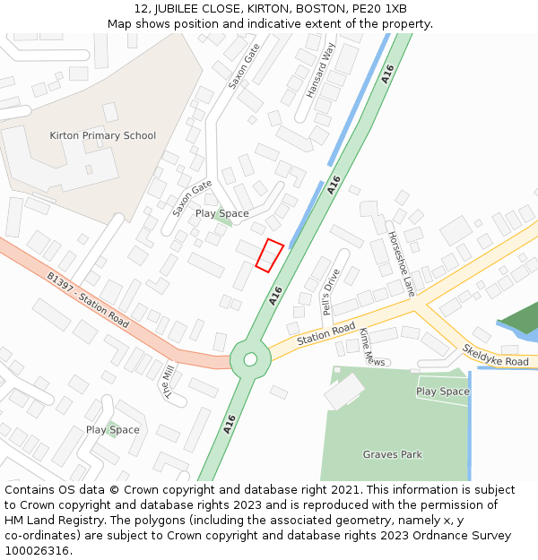 12, JUBILEE CLOSE, KIRTON, BOSTON, PE20 1XB: Location map and indicative extent of plot