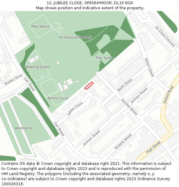 12, JUBILEE CLOSE, SPENNYMOOR, DL16 6GA: Location map and indicative extent of plot