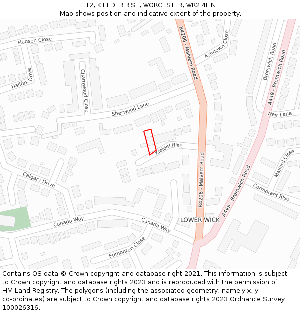 12, KIELDER RISE, WORCESTER, WR2 4HN: Location map and indicative extent of plot