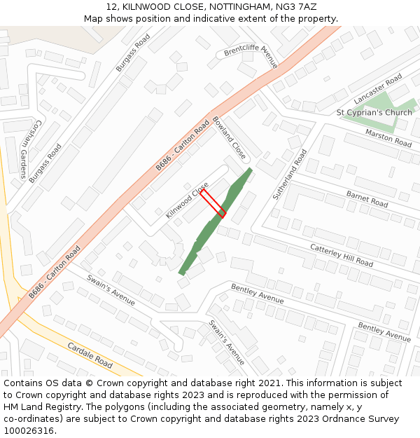 12, KILNWOOD CLOSE, NOTTINGHAM, NG3 7AZ: Location map and indicative extent of plot