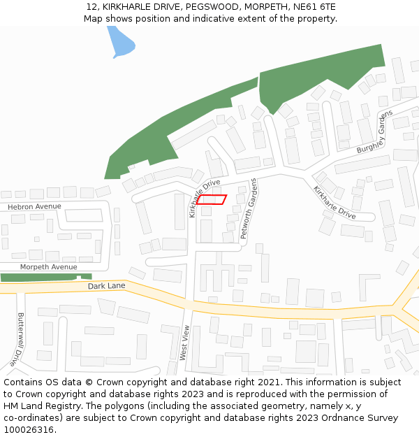 12, KIRKHARLE DRIVE, PEGSWOOD, MORPETH, NE61 6TE: Location map and indicative extent of plot