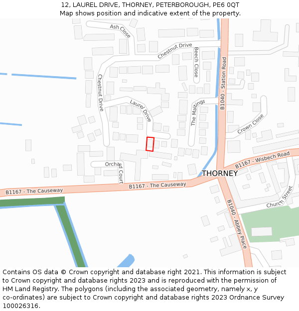12, LAUREL DRIVE, THORNEY, PETERBOROUGH, PE6 0QT: Location map and indicative extent of plot