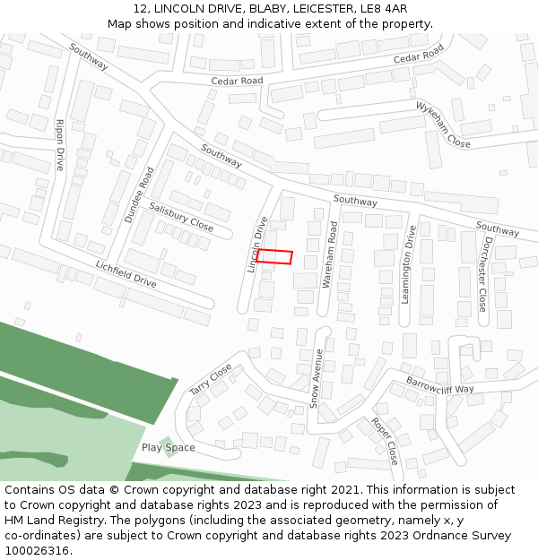 12, LINCOLN DRIVE, BLABY, LEICESTER, LE8 4AR: Location map and indicative extent of plot