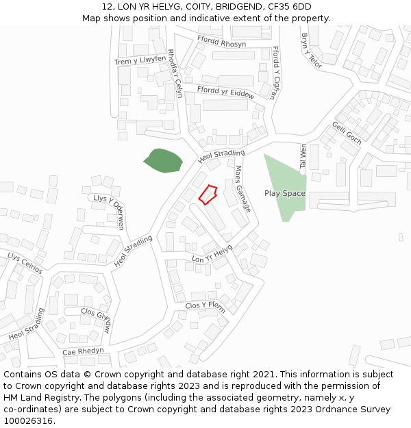 12, LON YR HELYG, COITY, BRIDGEND, CF35 6DD: Location map and indicative extent of plot