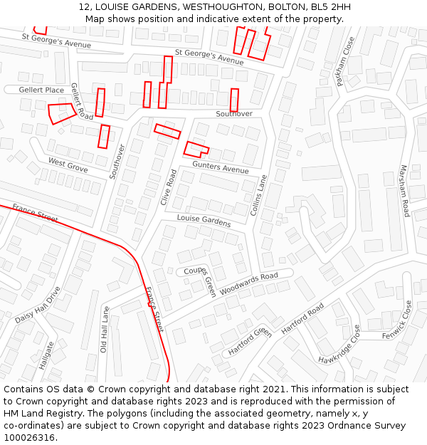 12, LOUISE GARDENS, WESTHOUGHTON, BOLTON, BL5 2HH: Location map and indicative extent of plot