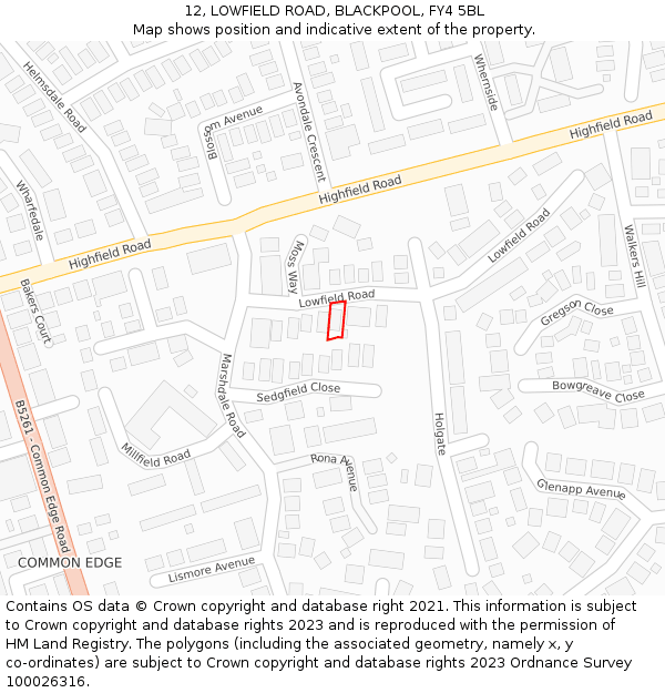 12, LOWFIELD ROAD, BLACKPOOL, FY4 5BL: Location map and indicative extent of plot