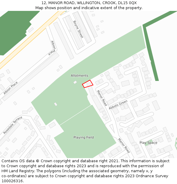 12, MANOR ROAD, WILLINGTON, CROOK, DL15 0QX: Location map and indicative extent of plot