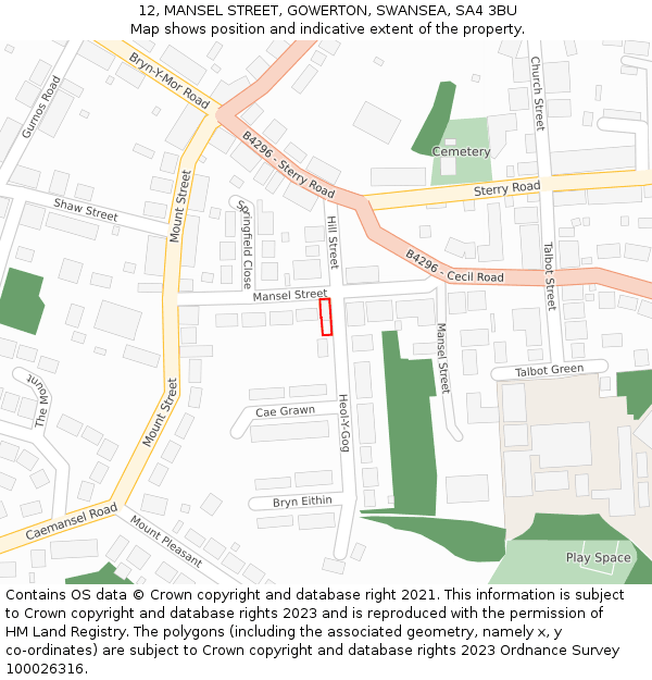 12, MANSEL STREET, GOWERTON, SWANSEA, SA4 3BU: Location map and indicative extent of plot