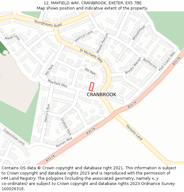 12, MAYFIELD WAY, CRANBROOK, EXETER, EX5 7BE: Location map and indicative extent of plot