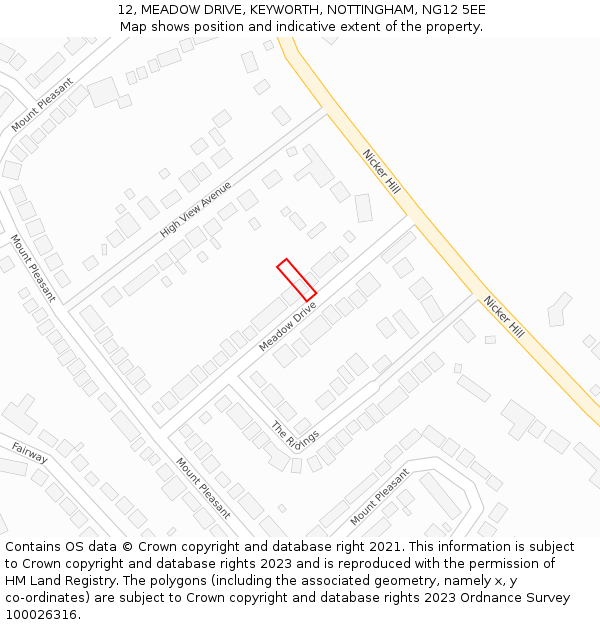 12, MEADOW DRIVE, KEYWORTH, NOTTINGHAM, NG12 5EE: Location map and indicative extent of plot