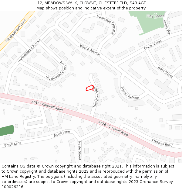 12, MEADOWS WALK, CLOWNE, CHESTERFIELD, S43 4GF: Location map and indicative extent of plot