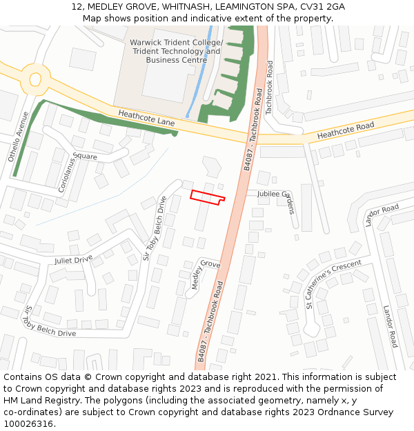 12, MEDLEY GROVE, WHITNASH, LEAMINGTON SPA, CV31 2GA: Location map and indicative extent of plot