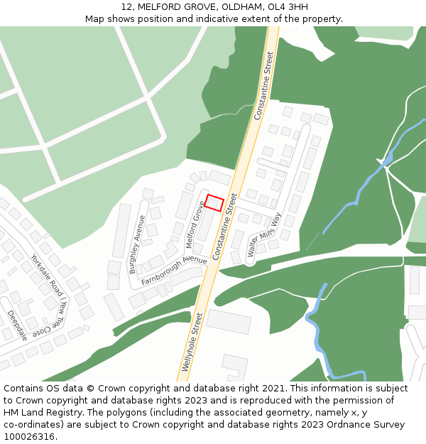 12, MELFORD GROVE, OLDHAM, OL4 3HH: Location map and indicative extent of plot