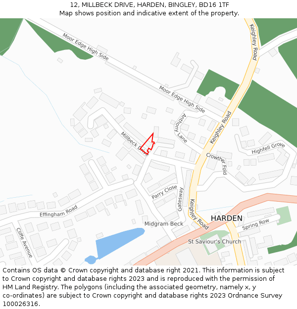 12, MILLBECK DRIVE, HARDEN, BINGLEY, BD16 1TF: Location map and indicative extent of plot