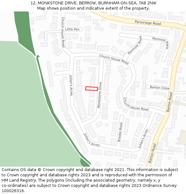 12, MONKSTONE DRIVE, BERROW, BURNHAM-ON-SEA, TA8 2NW: Location map and indicative extent of plot