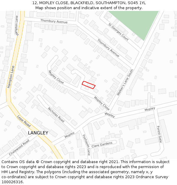 12, MOPLEY CLOSE, BLACKFIELD, SOUTHAMPTON, SO45 1YL: Location map and indicative extent of plot